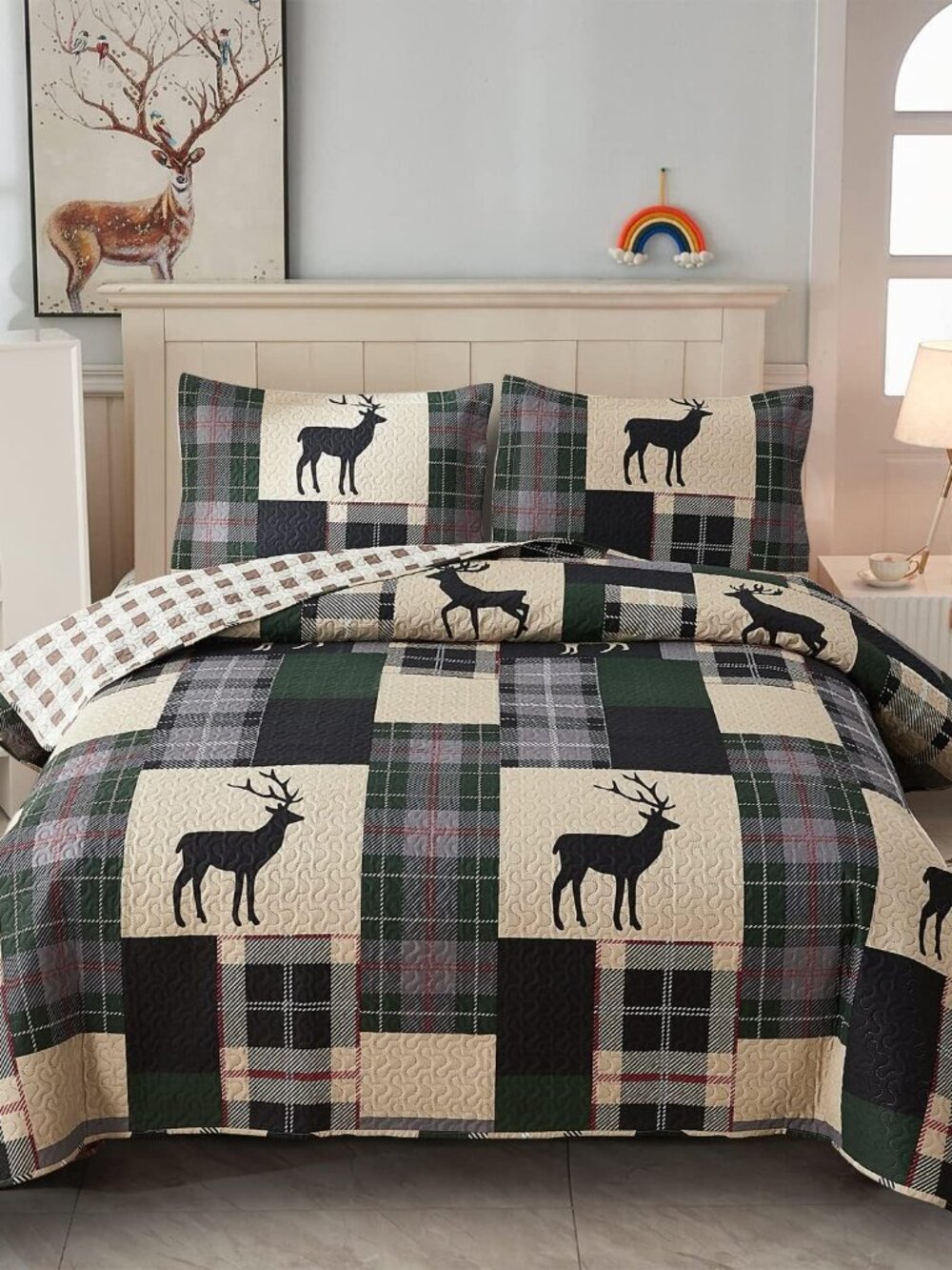King Size Plaid Elk Quilt Bedspread Set  - Green and Cream NWOT